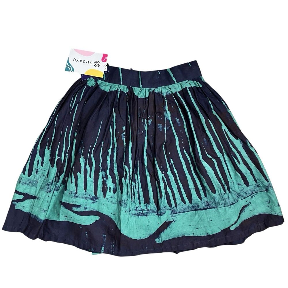 Busayo Abstract Print Skirt XS Blue Knee Length Pleated Boho Artisan - Picture 2 of 9